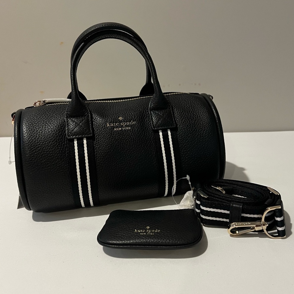 ♠️ NWT Kate Spade Pebble Leather Mini Duffle Handbag, Black w/ White